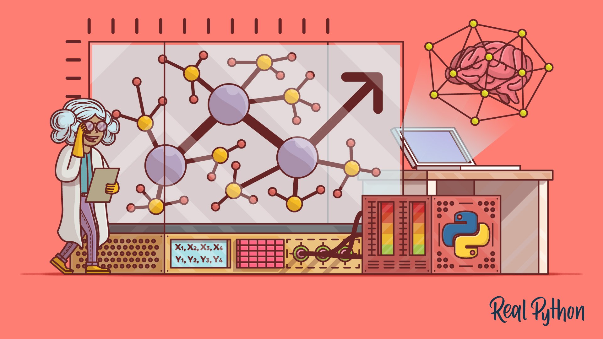 A person with a lab coat and glasses in front of a large graph that displays connections