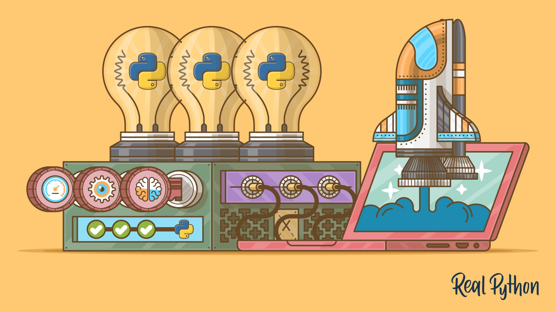 A set of three light bulbs with Python symbols on them, followed by a rocket ascending into space